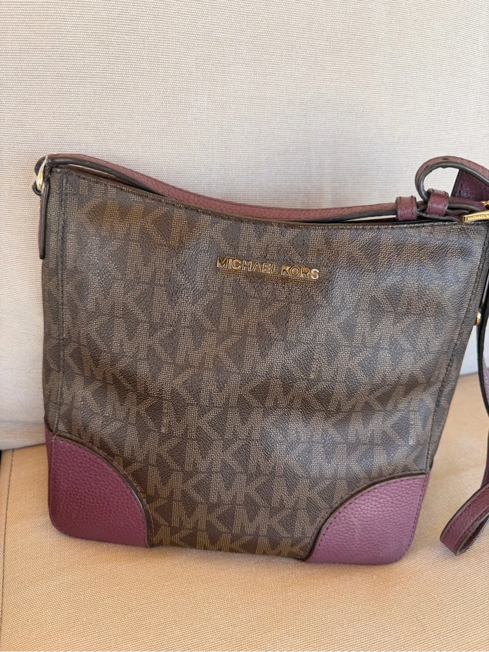 Michael Kors Brown Monogram Crossbody with Plum Accents